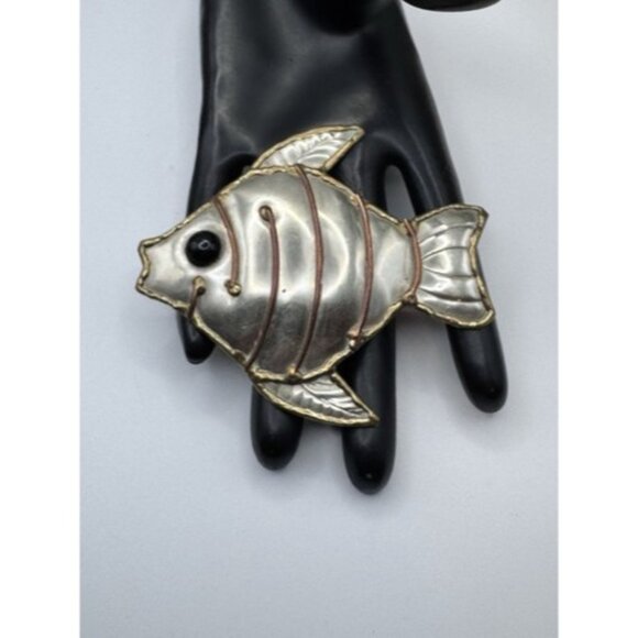Vintage Pendant And Brooch Fish In Silver Tone Whit Copper And Brass Extra Large - Picture 7 of 7